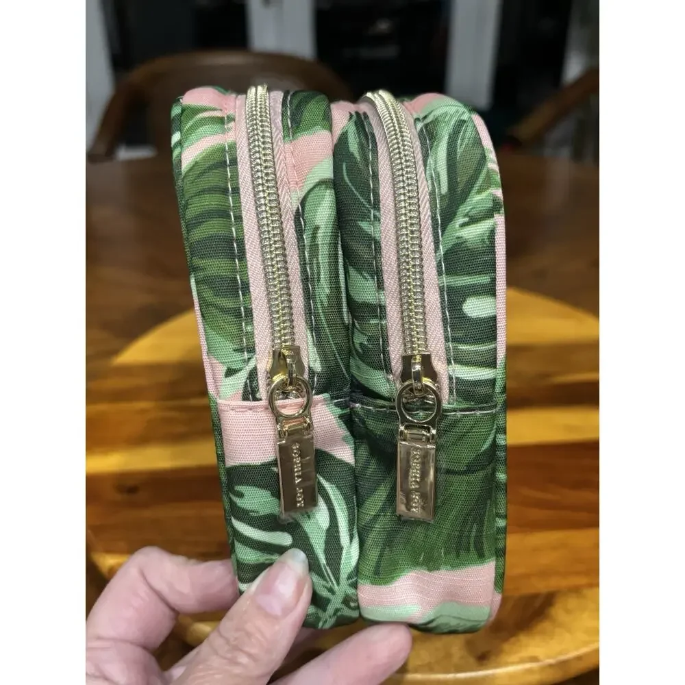 Sophia Joy Fabric Tropical Leaf Print Double Zip Makeup Bag, Green/Pink